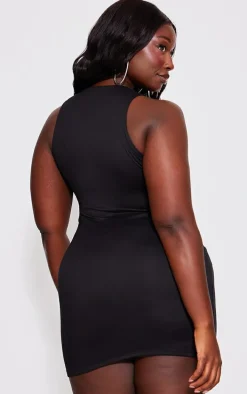 Plus Black Double Contour Racer Neck Bodycon Dress