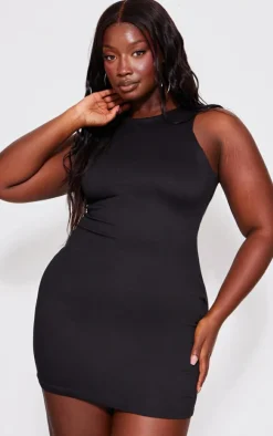 Plus Black Double Contour Racer Neck Bodycon Dress