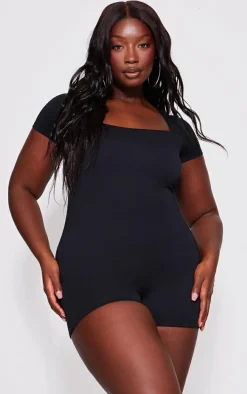 Plus Black Double Layer Contour Jersey Square Neck Unitard