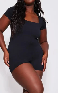 Plus Black Double Layer Contour Jersey Square Neck Unitard