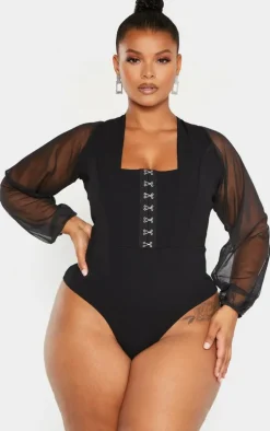 Plus Black Eyelet Detail Mesh Sleeve Bodysuit