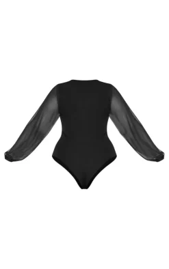 Plus Black Eyelet Detail Mesh Sleeve Bodysuit