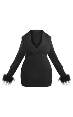 Plus Black Faux Feather Sleeve Trim Blazer Dress