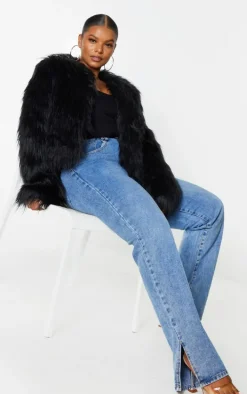 Plus Black Faux Fur Shaggy Cropped Jacket