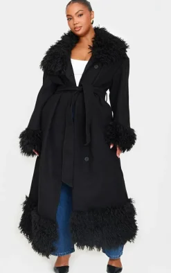 Plus Black Faux Fur Trim Constrast Wool Look Coat