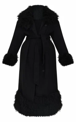 Plus Black Faux Fur Trim Constrast Wool Look Coat