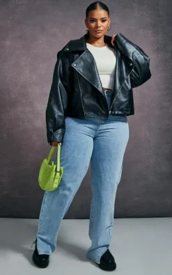 Plus Black Faux Leather Contrast Quilted Lining Oversized Biker Jacket