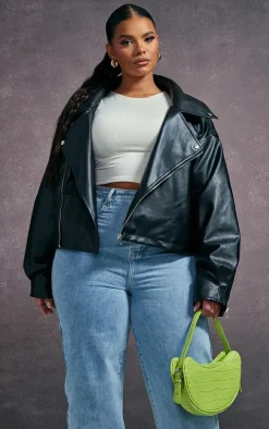 Plus Black Faux Leather Contrast Quilted Lining Oversized Biker Jacket