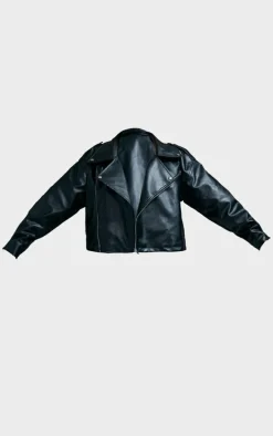 Plus Black Faux Leather Contrast Quilted Lining Oversized Biker Jacket