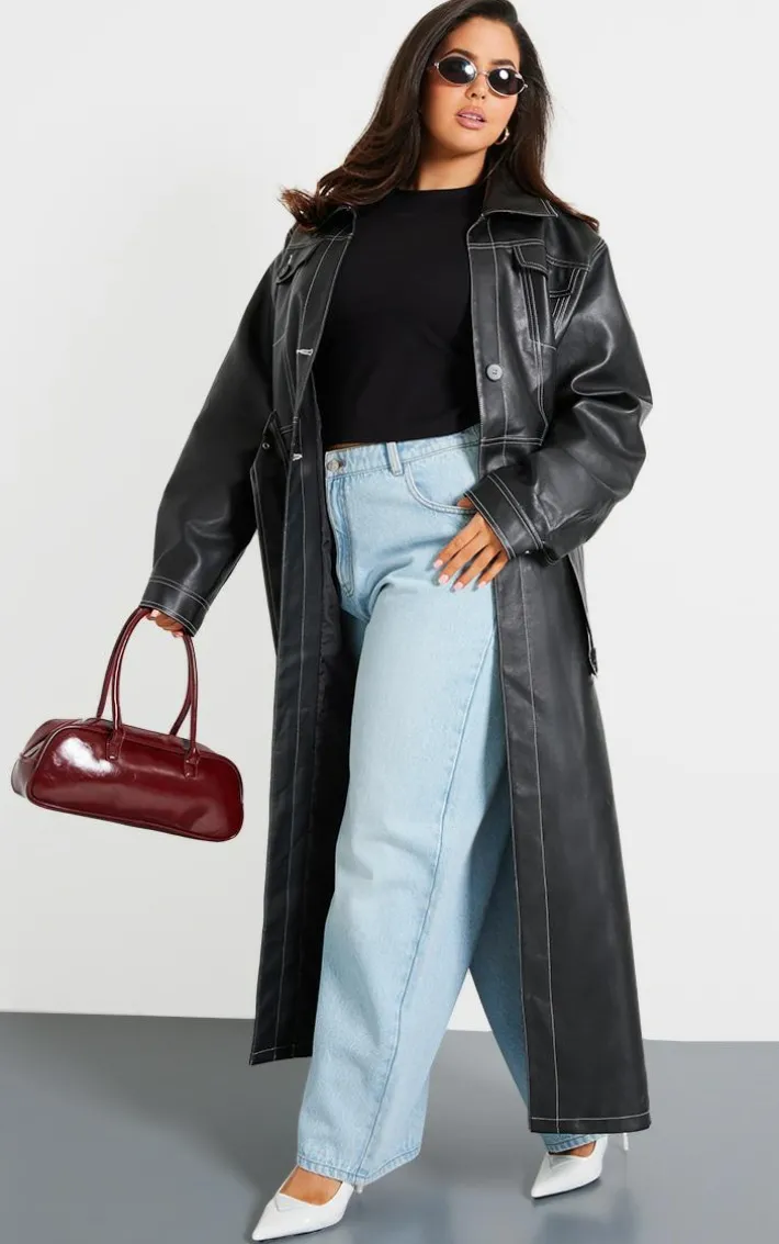 Plus Black Faux Leather Contrast Stitch Split Hem Trench Coat