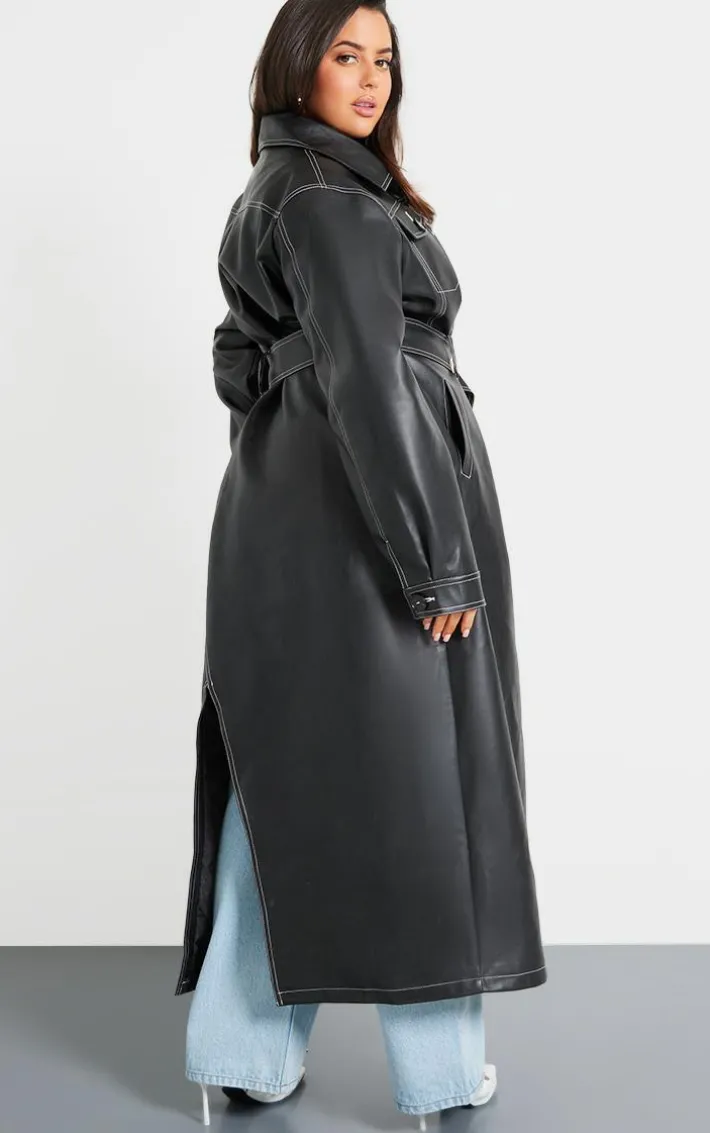 Plus Black Faux Leather Contrast Stitch Split Hem Trench Coat