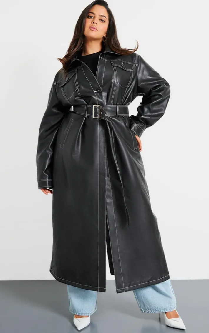 Plus Black Faux Leather Contrast Stitch Split Hem Trench Coat