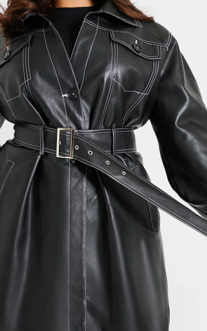 Plus Black Faux Leather Contrast Stitch Split Hem Trench Coat