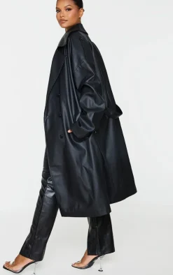 Plus Black Faux Leather Drop Arm Midi Trench Coat