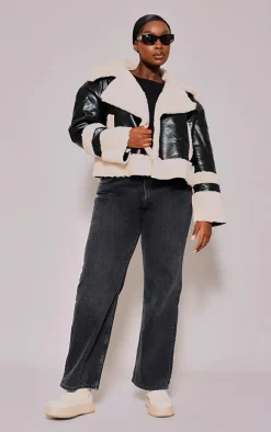 Plus Black Faux Leather Faux Fur Trim Coat