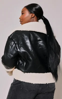 Plus Black Faux Leather Faux Fur Trim Coat