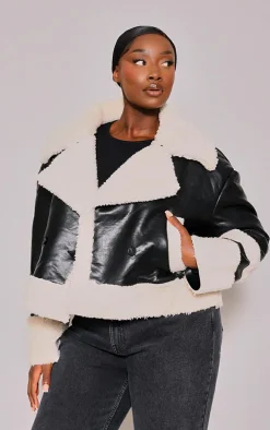 Plus Black Faux Leather Faux Fur Trim Coat