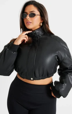 Plus Black Faux Leather Pocket Detail Crop Bomber Jacket