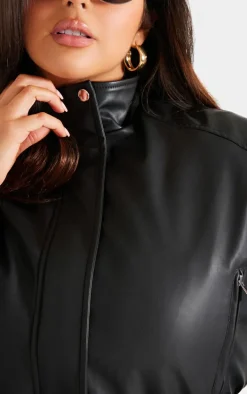 Plus Black Faux Leather Pocket Detail Crop Bomber Jacket