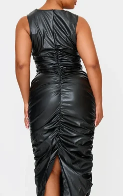 Plus Black Faux Leather Ruched Sleeveless Maxi Dress