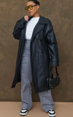 Plus Black Faux Leather Statement Buckle Trench Coat