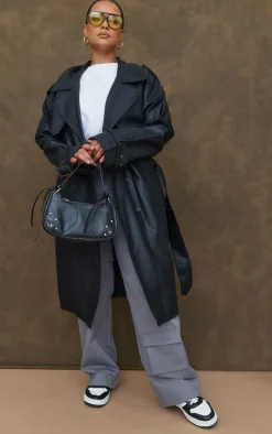 Plus Black Faux Leather Statement Buckle Trench Coat