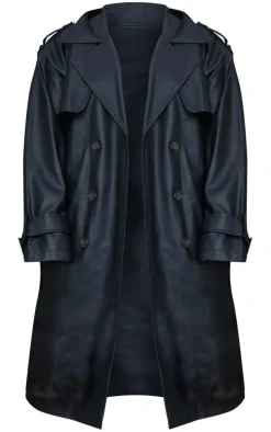 Plus Black Faux Leather Statement Buckle Trench Coat