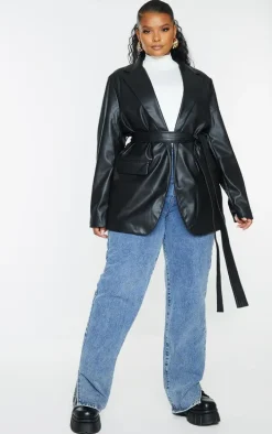 Plus Black Faux Leather Wrap Belted Blazer