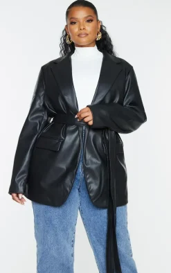 Plus Black Faux Leather Wrap Belted Blazer