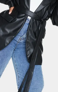 Plus Black Faux Leather Wrap Belted Blazer