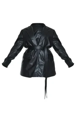 Plus Black Faux Leather Wrap Belted Blazer