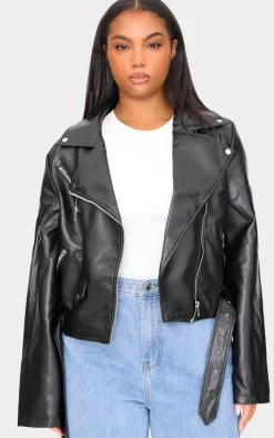 Plus Black Faux Leather Zip Detail Biker Jacket