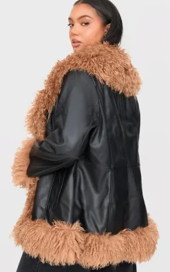 Plus Black Faux Mongolian Fur Trim Faux Leather Jacket