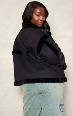 Plus Black Faux Suede Fur Trim Aviator