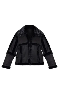 Plus Black Faux Suede Fur Trim Aviator