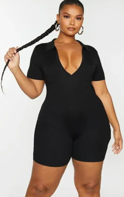 Plus Black Fine Knit Bust Detail Collared Seamless Unitard