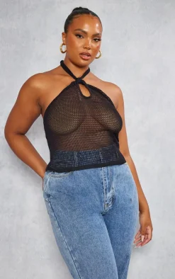 Plus Black Fishnet Halterneck Top