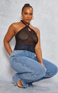 Plus Black Fishnet Halterneck Top