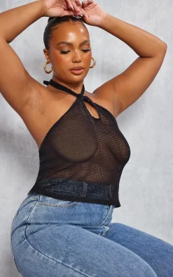 Plus Black Fishnet Halterneck Top