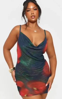 Plus Black Floral Crinkle Mesh Cowl Neck Mini Dress