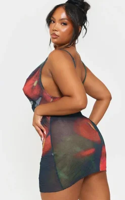 Plus Black Floral Crinkle Mesh Cowl Neck Mini Dress