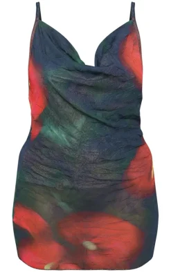 Plus Black Floral Crinkle Mesh Cowl Neck Mini Dress