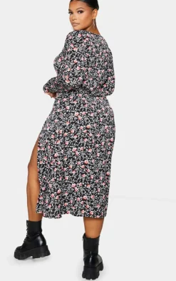 Plus Black Floral Print Cupped Split Detail Midi Dress
