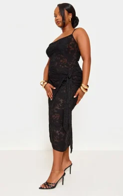 Plus Black Floral Tie Side Midi Dress