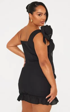 Plus Black Flower Detail Ruffle Hem Bodycon Dress