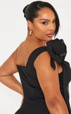 Plus Black Flower Detail Ruffle Hem Bodycon Dress