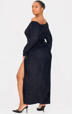 Plus Black Fluffy One Shoulder Maxi Dress