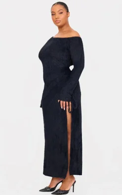 Plus Black Fluffy One Shoulder Maxi Dress