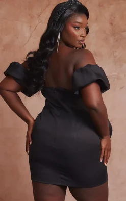 Plus Black Frill Detail Puff Sleeve Bardot Bodycon Dress