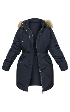 Plus Black Fur Hood Elasticated Waist Longline Parka Coat
